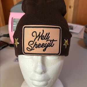 Brown Knit Beanie with Embroidered Patch